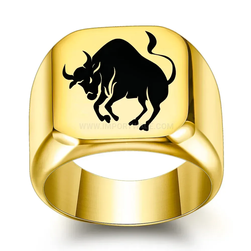 Premium Laser Engraved Bull Motif Stainless Steel Punk Square Signet Ring