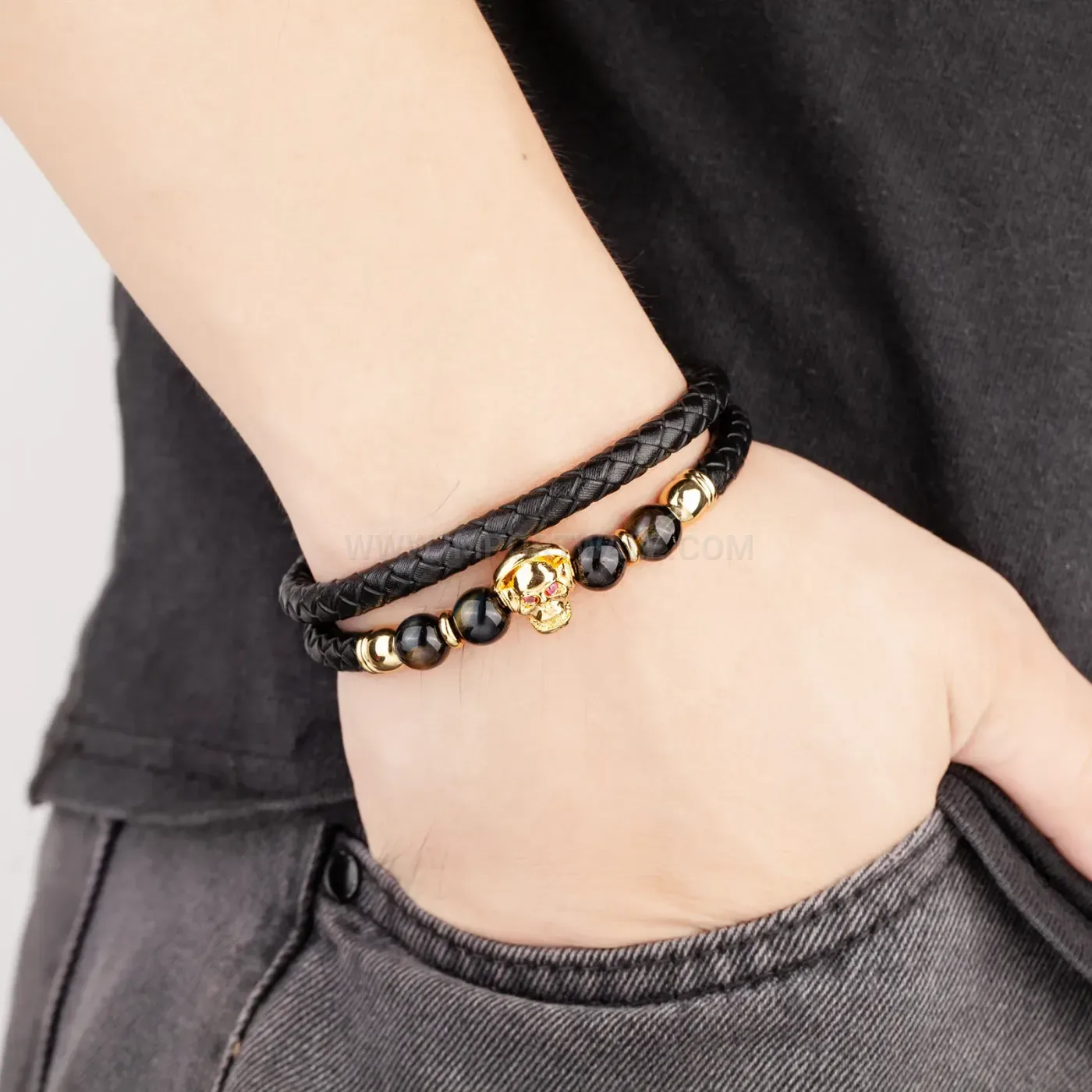 Double Layer Woven Leather Stone Bracelet with Skull Steel Clasp