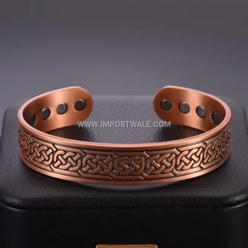 Patterned Pure Copper Adjustable Open Magnetic Cuff Bracelet