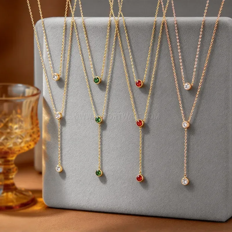Modern Minimalist Titanium Steel Three Zircon Pendant Layered Necklace