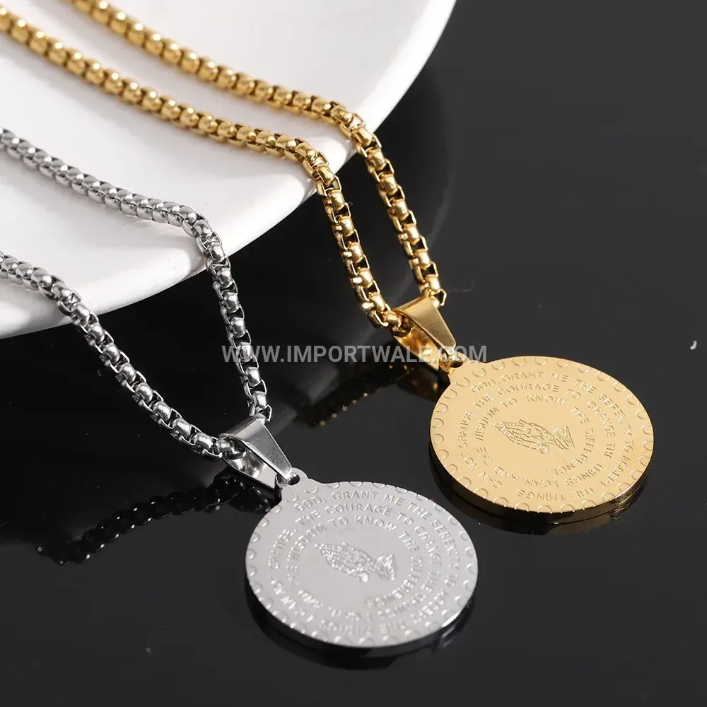 Etched Praying Hands Stainless Steel Pendant Necklace