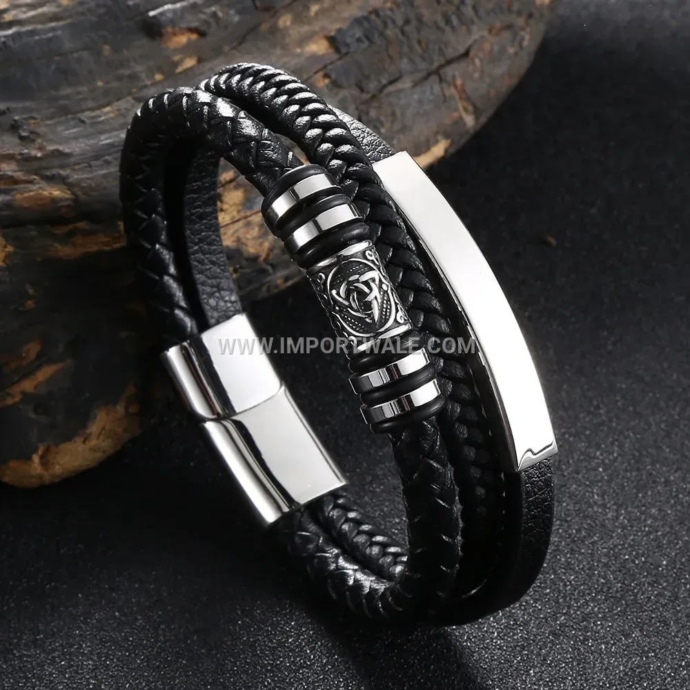 Braided Black Leather Men Bracelet with Stainless Steel