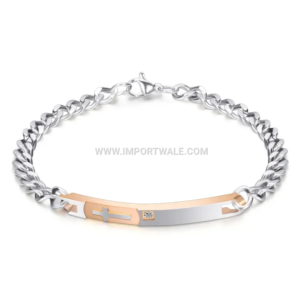 Stainless Steel Cross Accent Couple Bracelet with Rhinestones