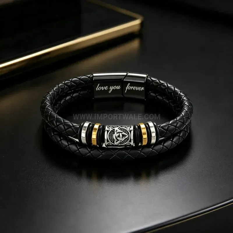 Classic Braided Leather Stainless Steel Magnetic Bracelet With Gift Card
