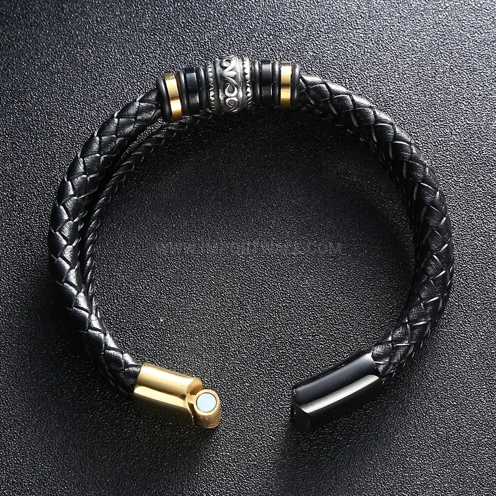 Multi-Strand Woven Leather and Stainless Steel Charm Bracelet
