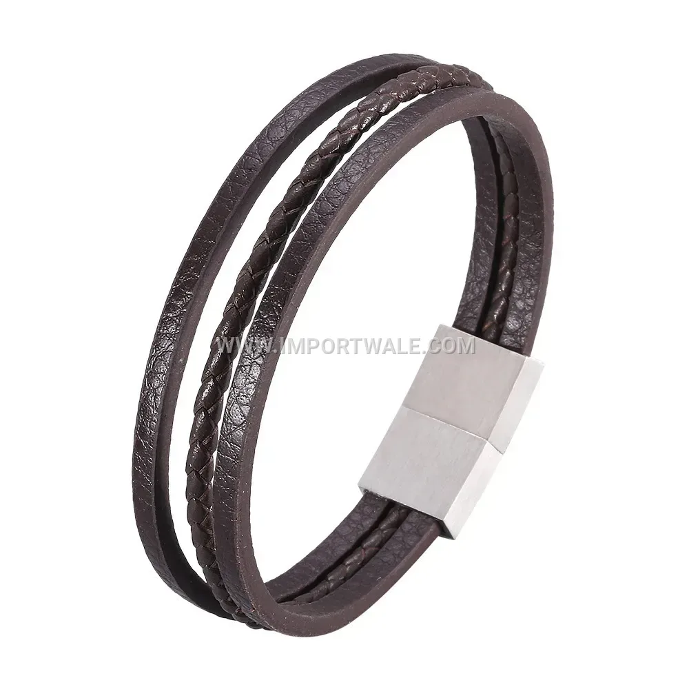 Multi Layer Woven Brown Leather Stainless Steel Magnetic Wristband