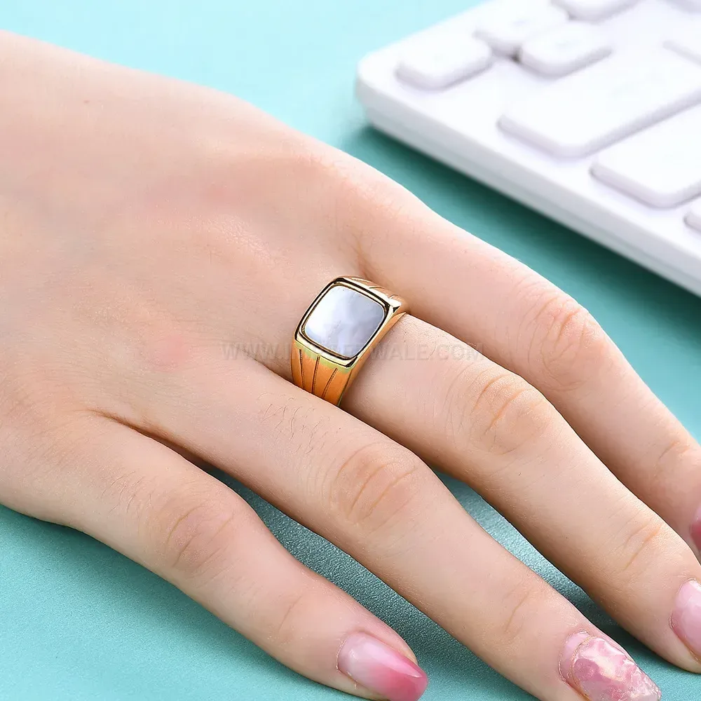Elegant Geometric Shell Inlay Stainless Steel Statement Ring