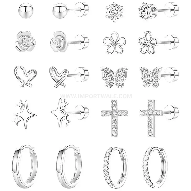 Elegant Stainless Steel Rose Flower Cross Cartilage Stud Piercing Set