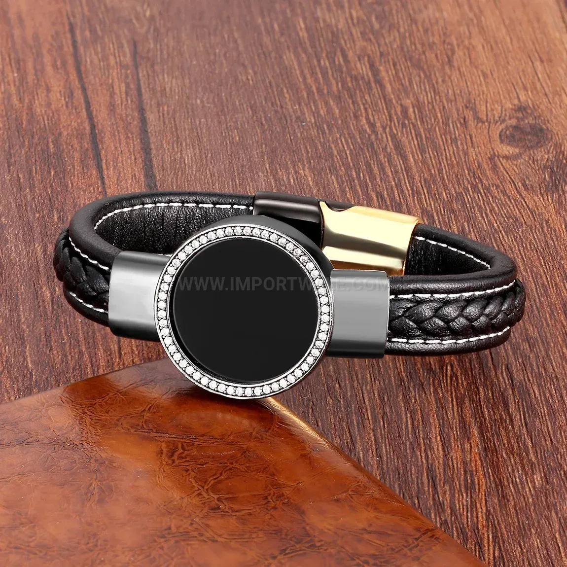 Braided Leather Stone Bracelet with Zircon Inlay and Stainless Clasp