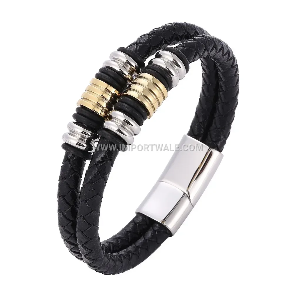 Handcrafted Double Layer Woven Leather Stainless Steel Men Bracelet