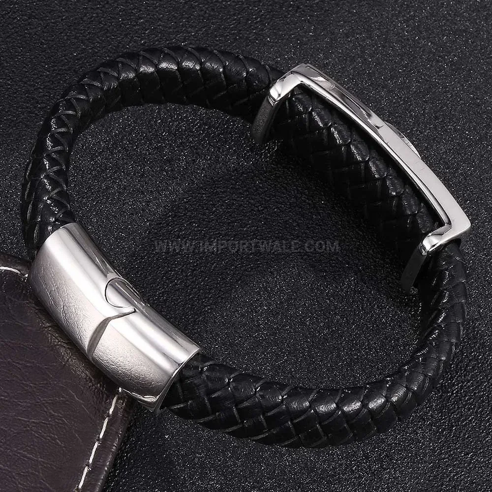 Vintage Skull Stainless Steel Woven Leather Wristband for Men