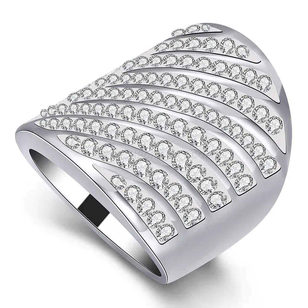 Multi Row Beveled Rhinestone Stainless Steel Wide Band Ring