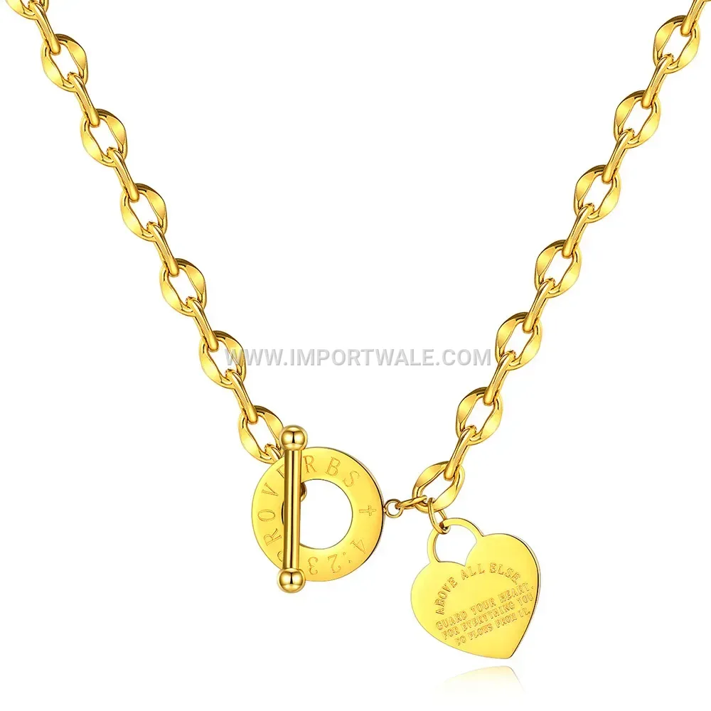 Hollow Heart Roman Numerals OT Clasp Stainless Steel Necklace
