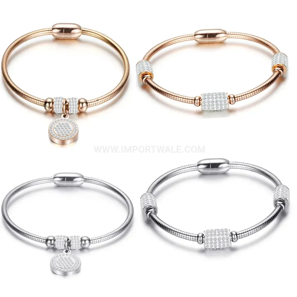 Premium Pave Crystal Round Charm Magnetic Stainless Steel Bangle