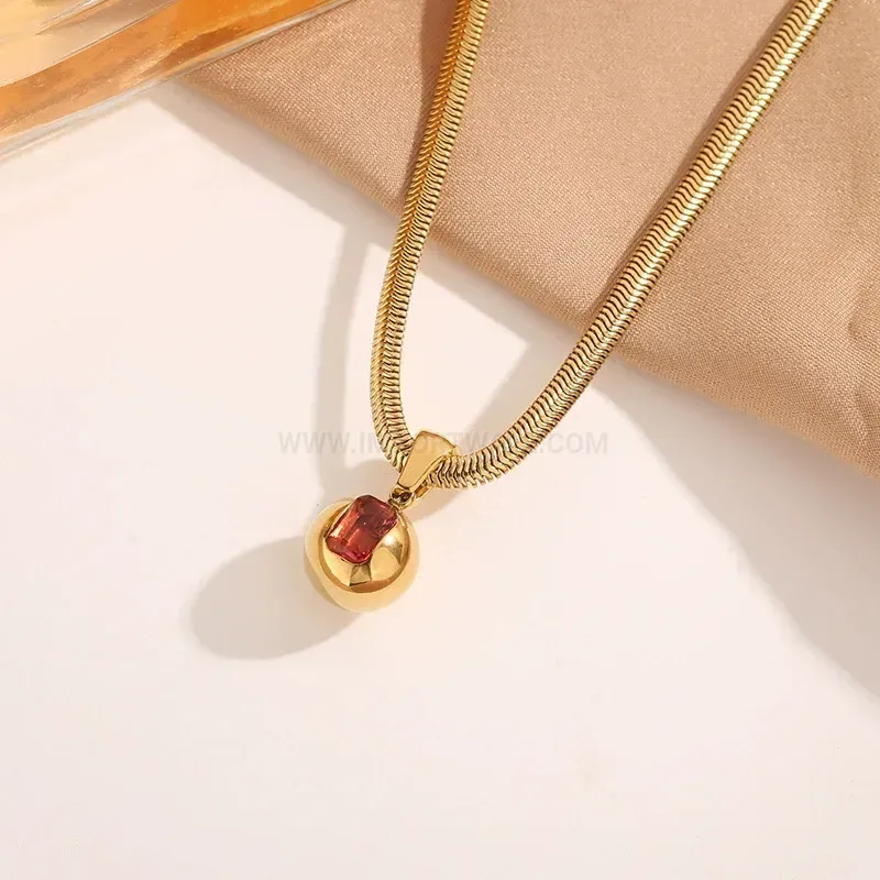 Trendy Vintage Spherical Red Crystal Pendant Titanium Steel Chain