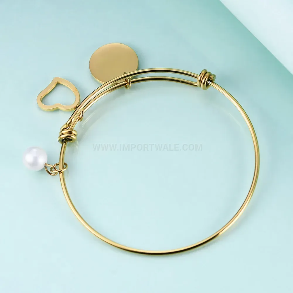 Fashion Adjustable Initial Charm Pearl Heart Stainless Steel Cuff Bangle
