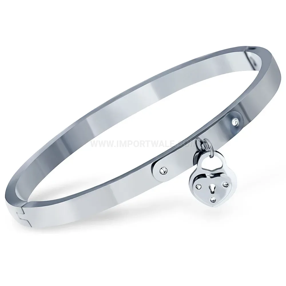Bold Stainless Steel Rhinestone Heart Lock Bangle Bracelet