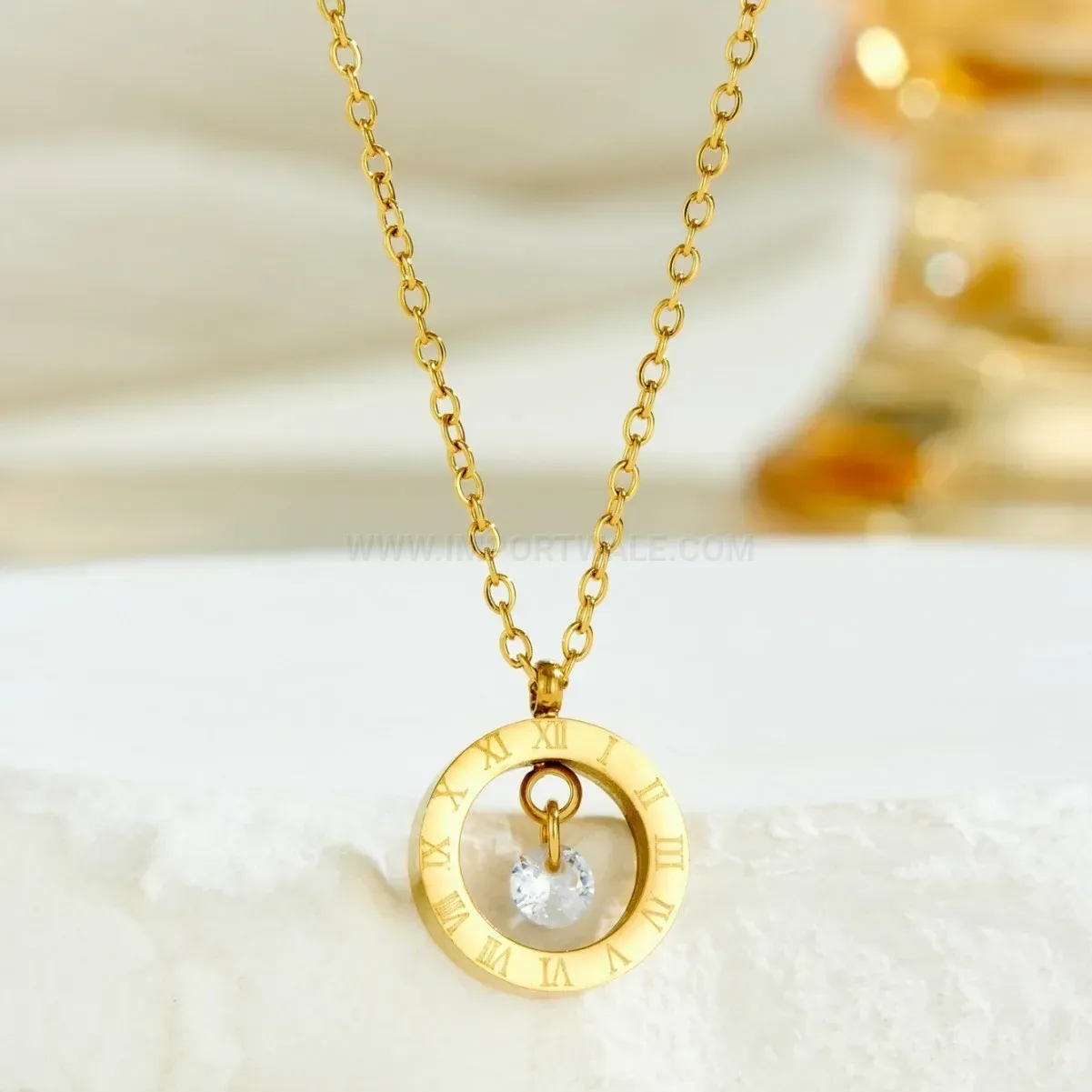 Roman Numeral Ring Zircon Stainless Steel Pendant Necklace