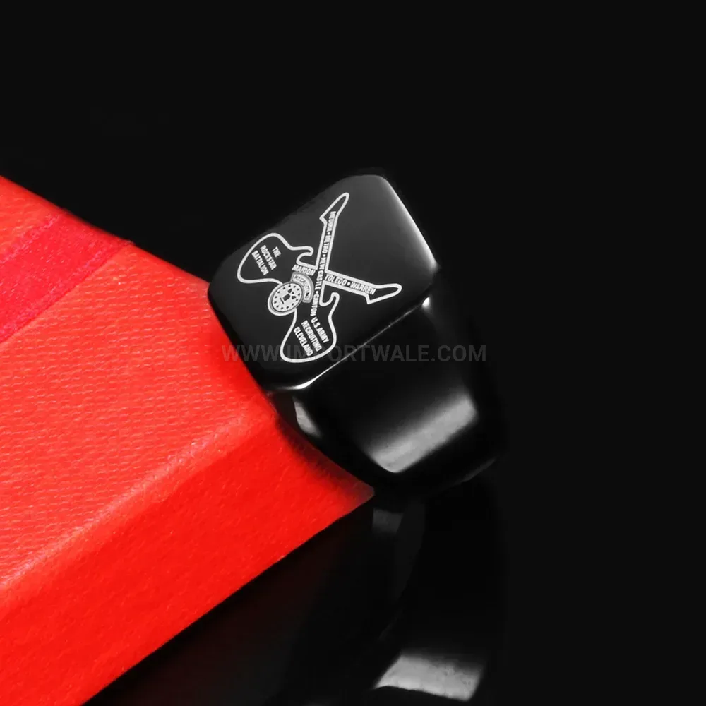 Trendy Black Laser Engraved Double Guitar Rock Stainless Steel Ring