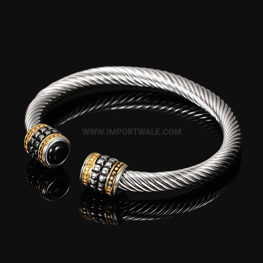 Modern Vintage Two-Tone Crystal Inlaid Cable Wire Stainless Steel Bangle