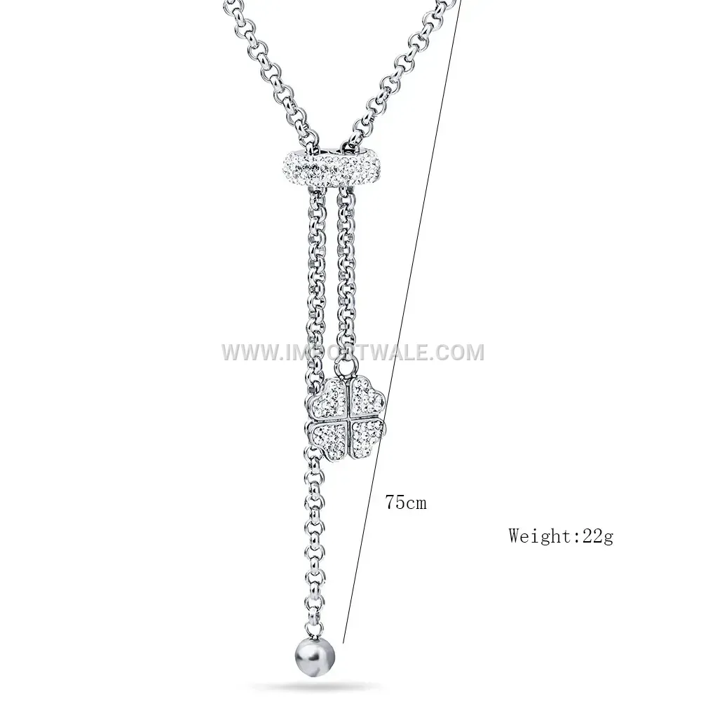 Silver Tone Stainless Steel Rhinestone Heart Clover Long Necklace