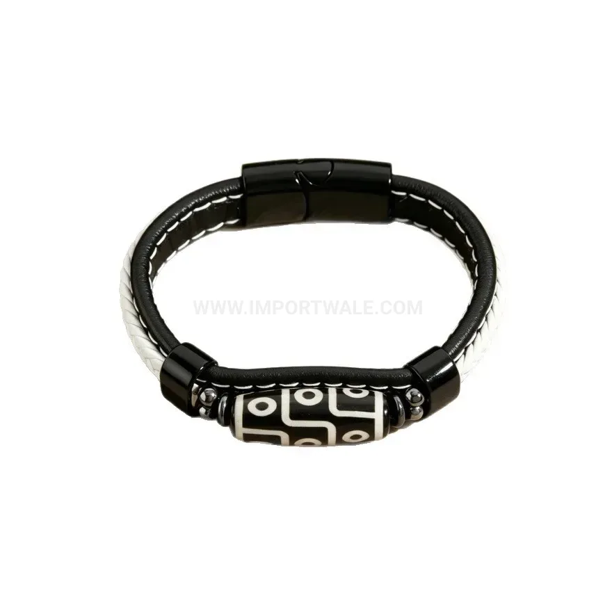 Classic Tibetan Dzi Bead Braided Leather Magnetic Steel Bracelet