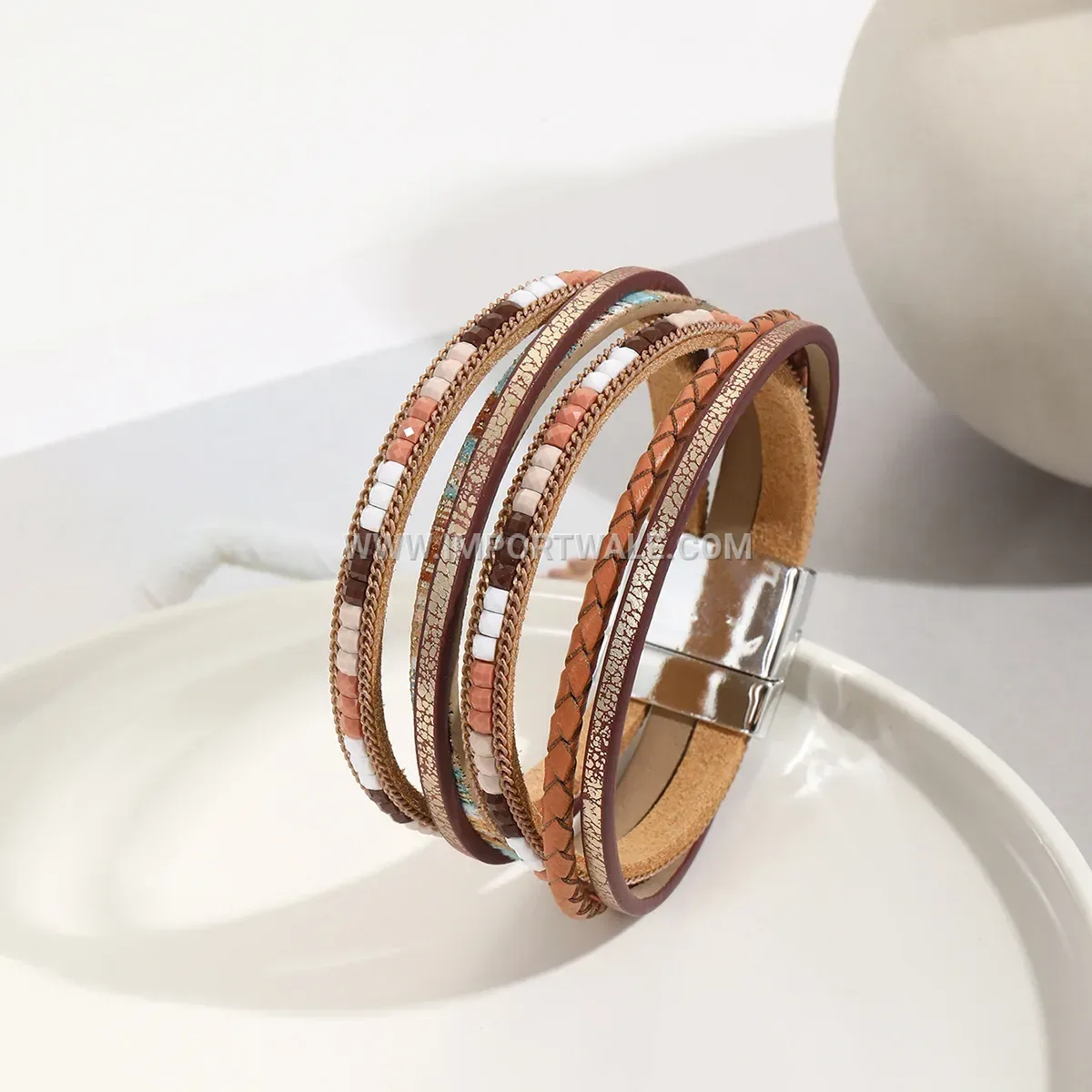 Multi-Strand Faux Leather Wrap Bracelet with Magnetic Clasp