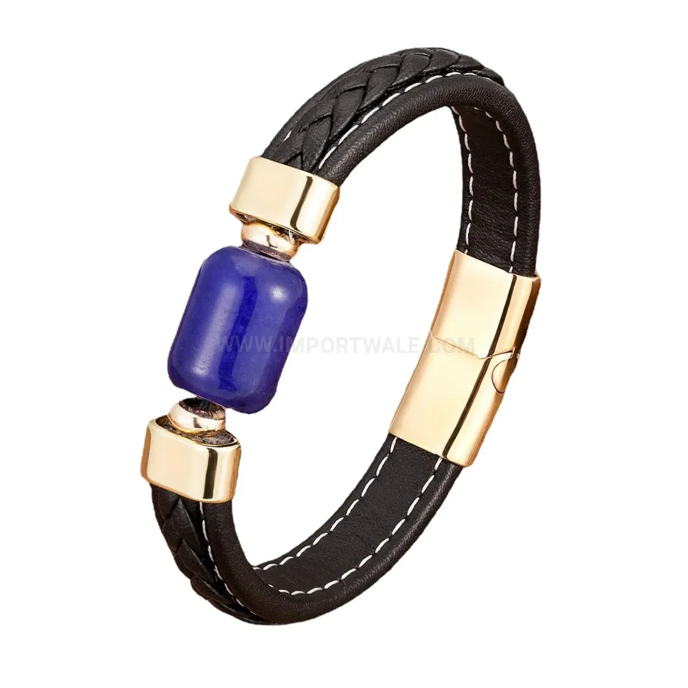 Retro Leather Cord and Natural Stone Bracelet With Stainless Steel Clasp