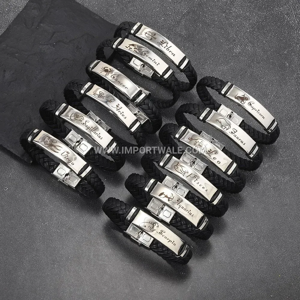 Zodiac Stainless Steel Leather Band Bracelet