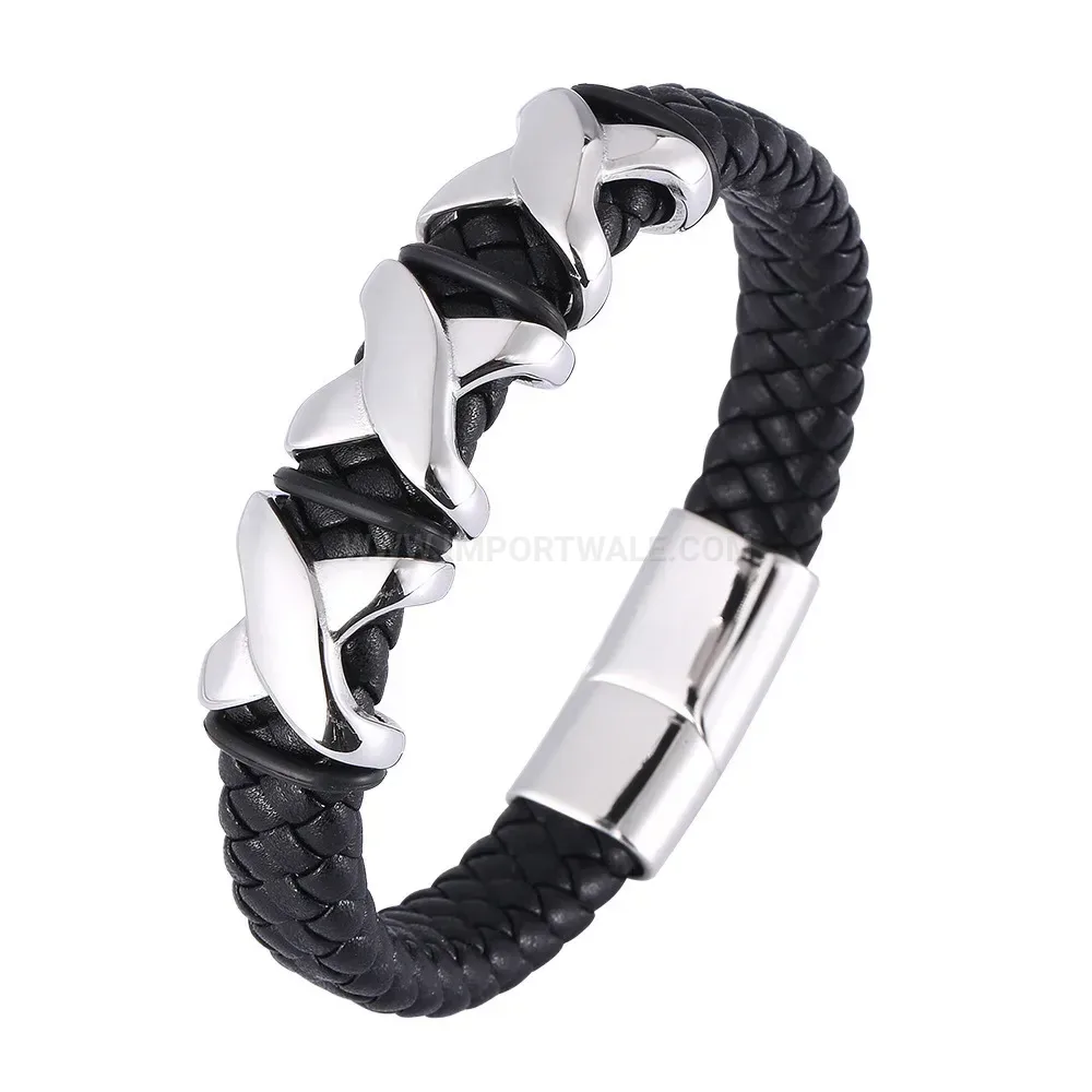 Men's Woven Leather Bracelet with Stainless Steel X Accent