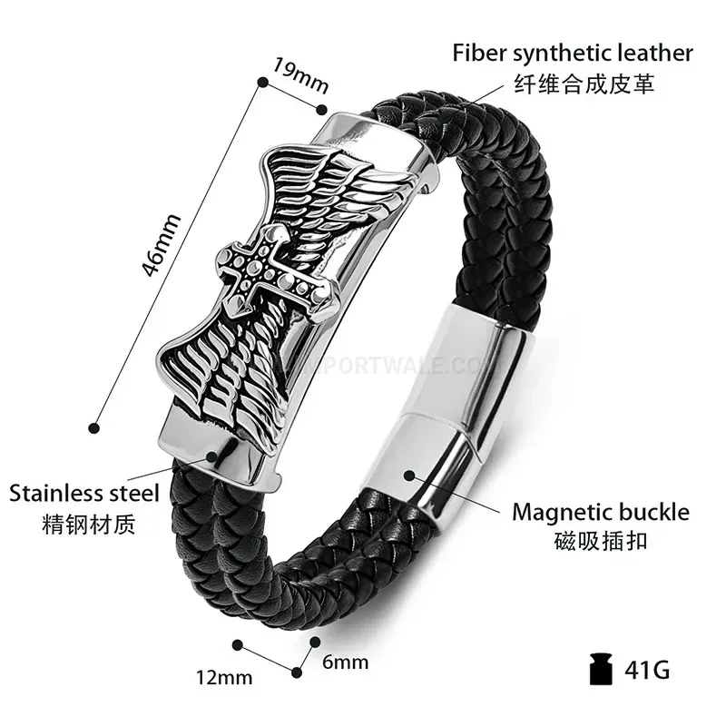 Designer Men's Stainless Steel Cross Wing Accent Two-Tone Leather Bracelet