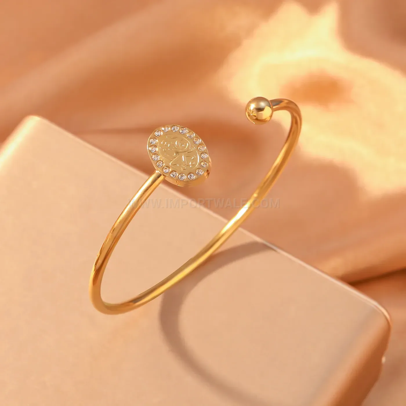 Stainless Steel Oval Medallion Crystal Islamic Cuff Bangle