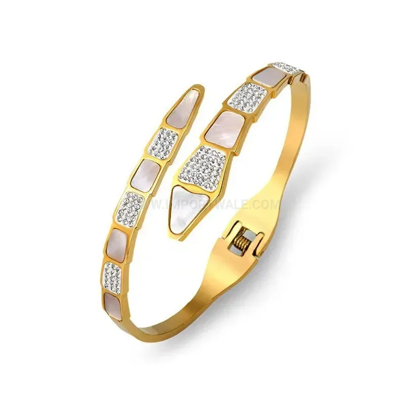 Classic White Shell and Rhinestone Titanium Steel Open Cuff Bangle