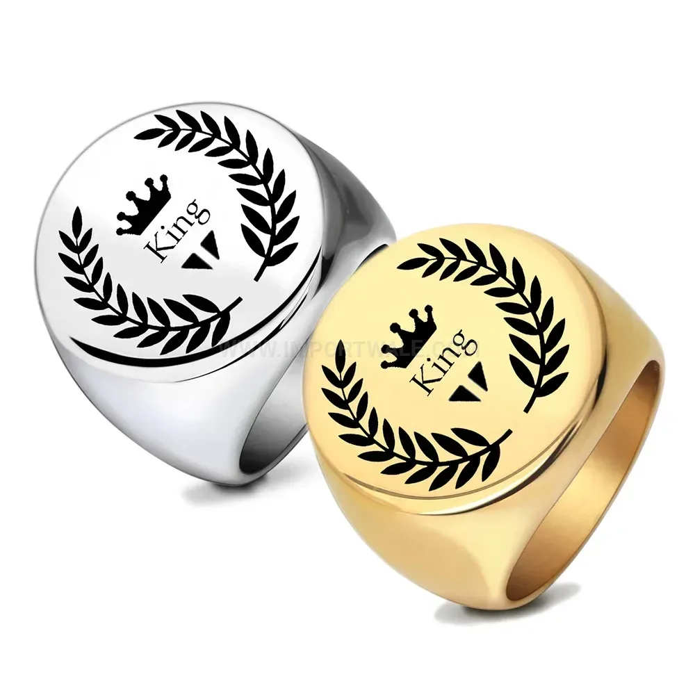 Trendy Laser Engraved Leaves Crown Stainless Steel Signet Ring