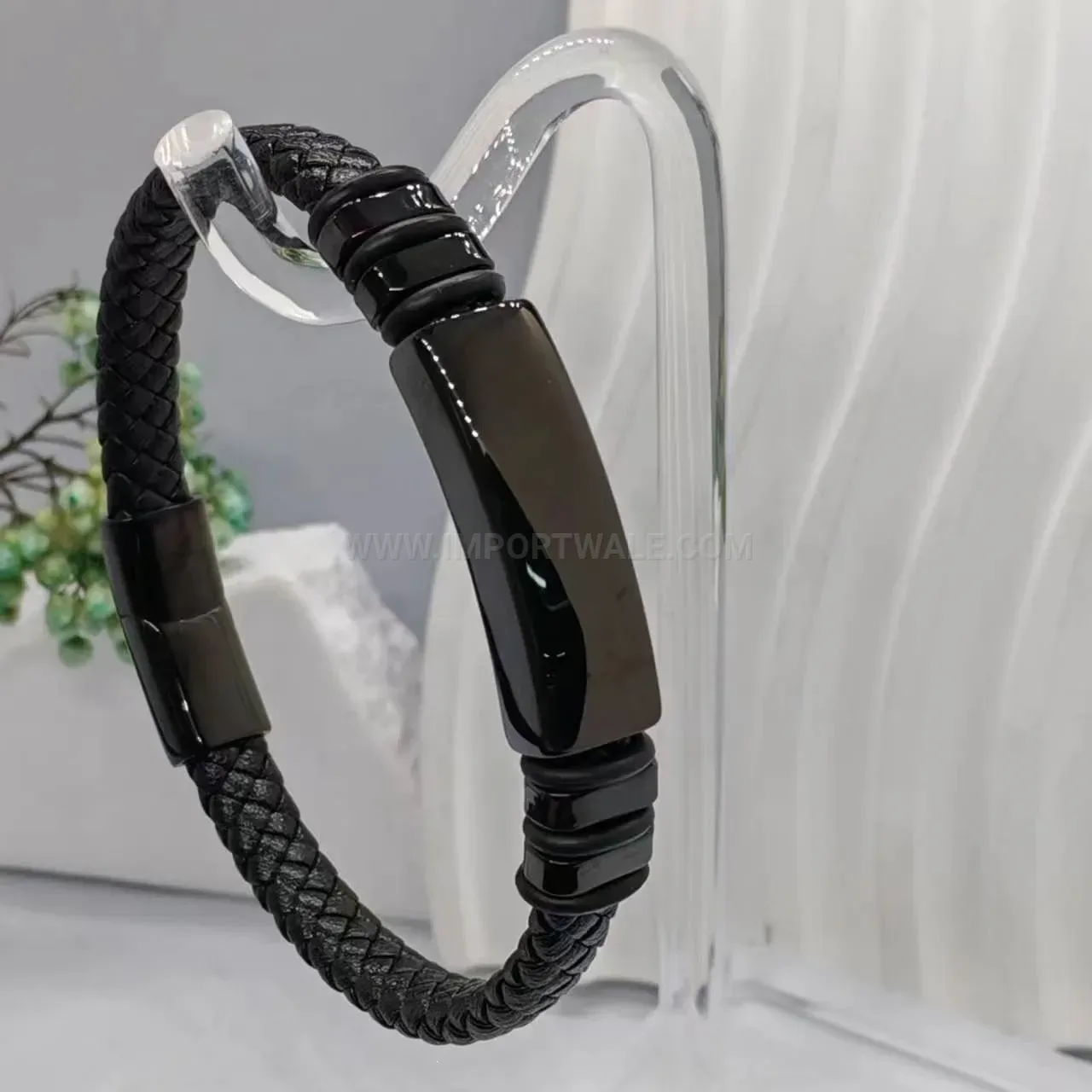 Minimalist Braided Leather Men Bracelet with Polished Stainless Steel Accents