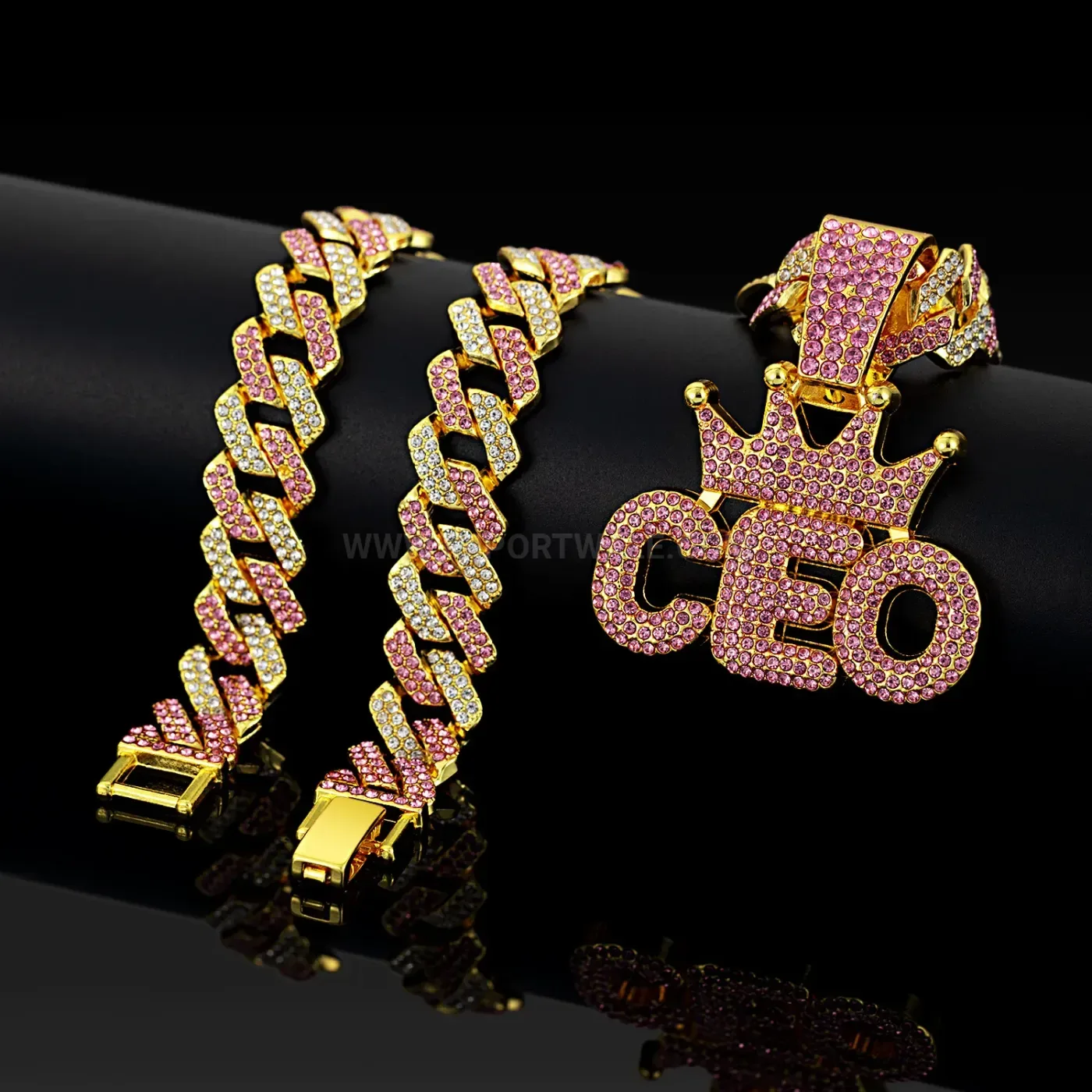 Stylish Rhinestone Crown CEO Letter Cuban Chain Pendant Necklace