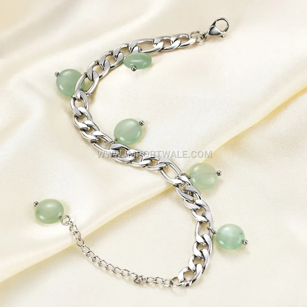 Green Natural Stone Tassel Figaro Chain Stainless Steel Bracelet