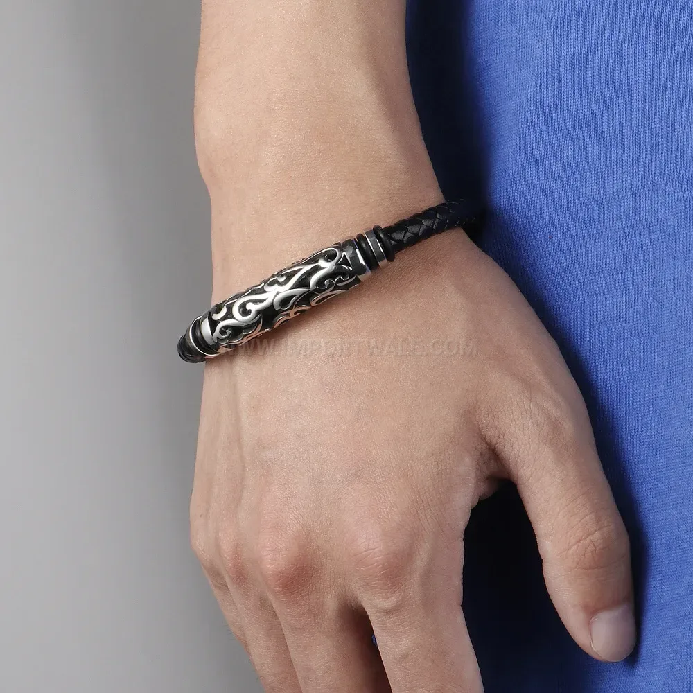 Fashion Vintage Hollow Braided Leather Men Bracelet With Magnetic Clasp