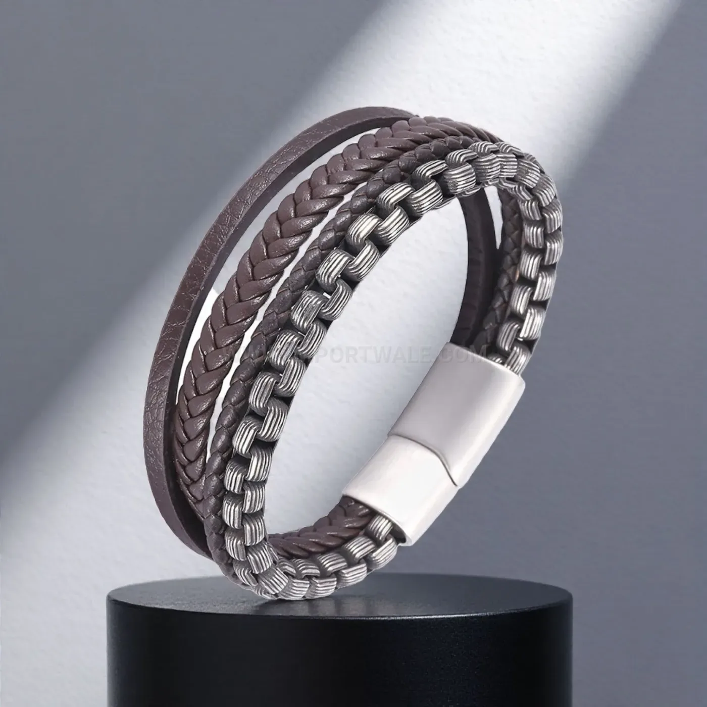Braided Leather Layered Wristband with Plated Stainless Steel Clasp