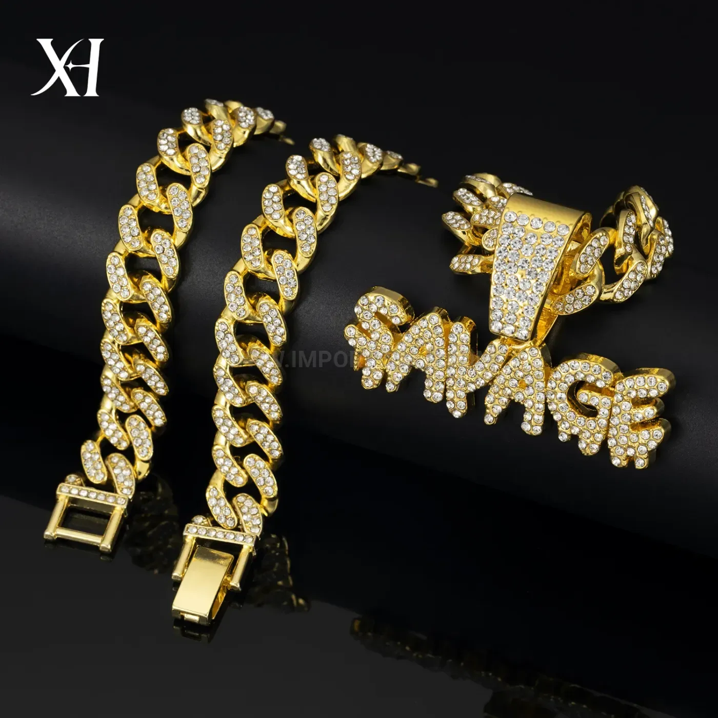 Premium SAVAGE Letter Rhinestone Alloy Cuban Chain Necklace