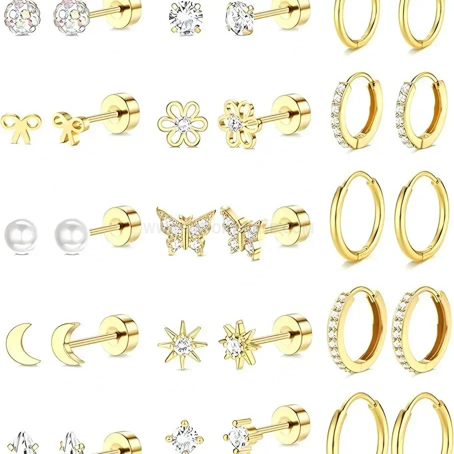 Classic Stainless Steel Zircon Butterfly and Moon Piercing Earring Set