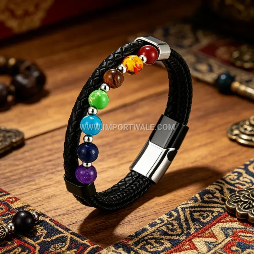 Beaded Stone Leather Band with Metallic Magnetic Closure