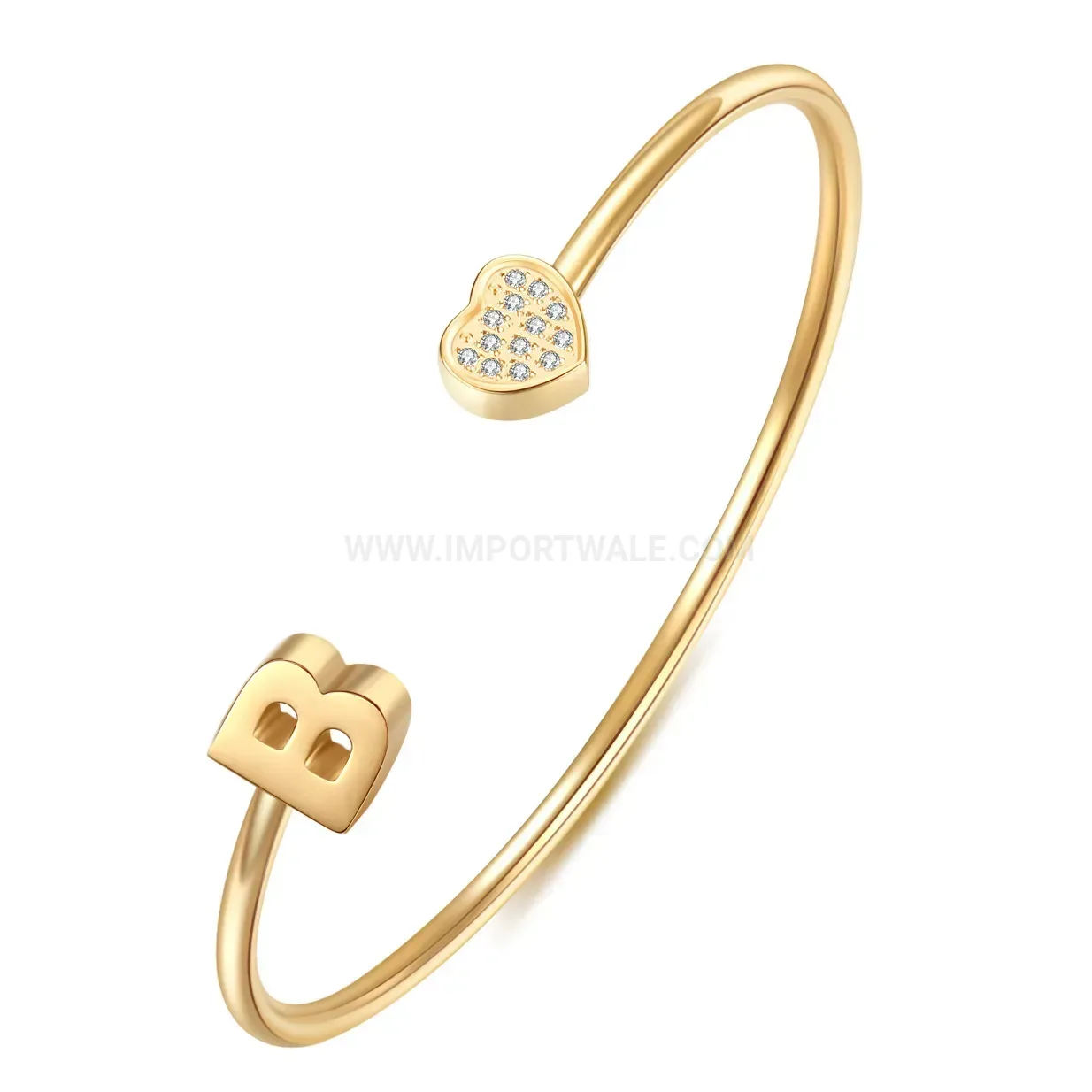 Modern Initial Letter Heart Cubic Zirconia Stainless Steel Cuff Bangle