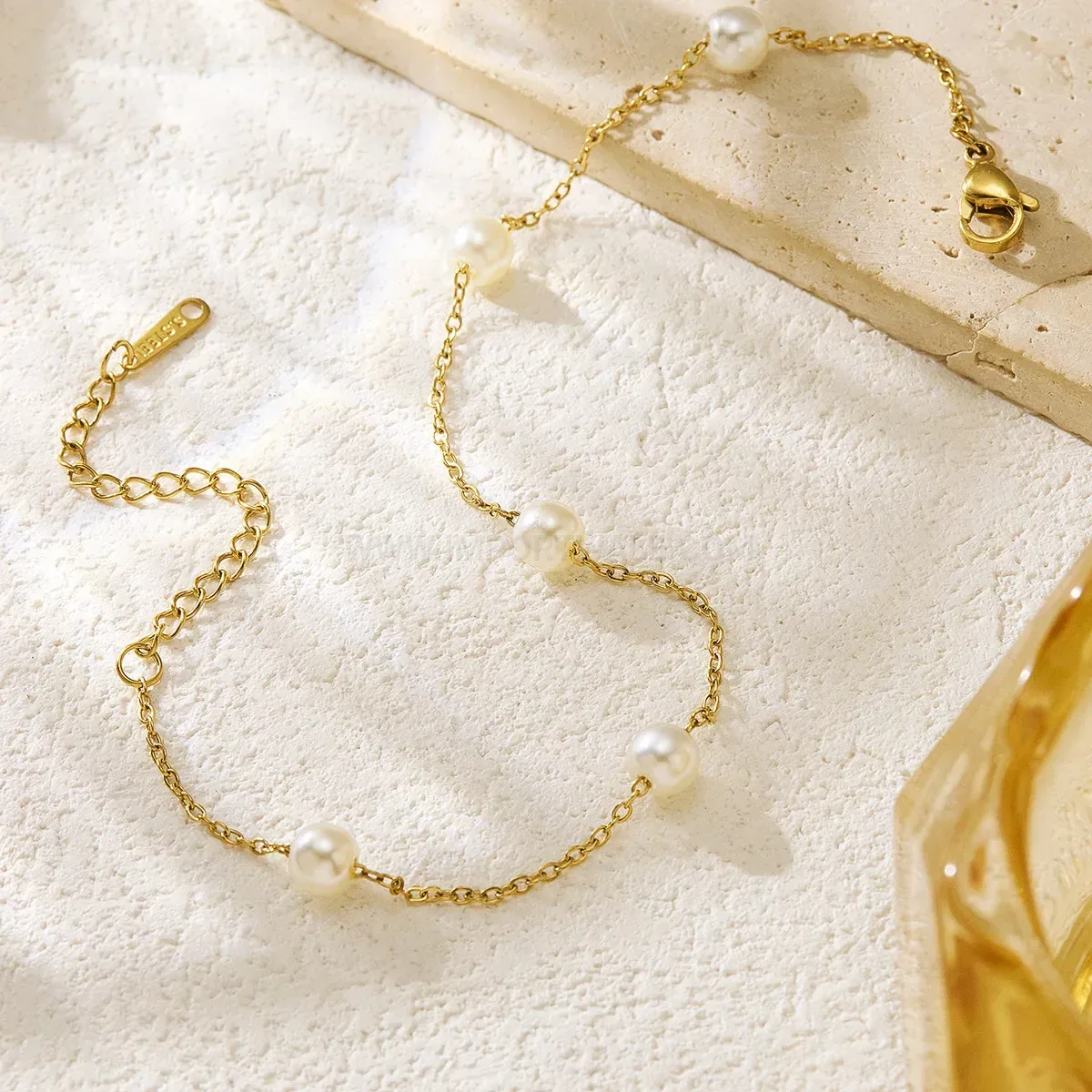 Gold Plated Stainless Steel Five Pearl Accent Bracelet