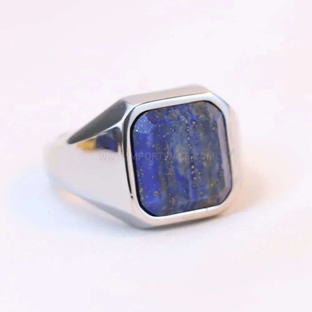 Modern Square Lapis Lazuli Inlaid Stainless Steel Signet Ring