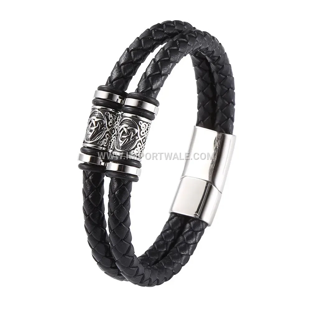 Woven Black Leather Cuff Bracelet with Stainless Steel Hardware