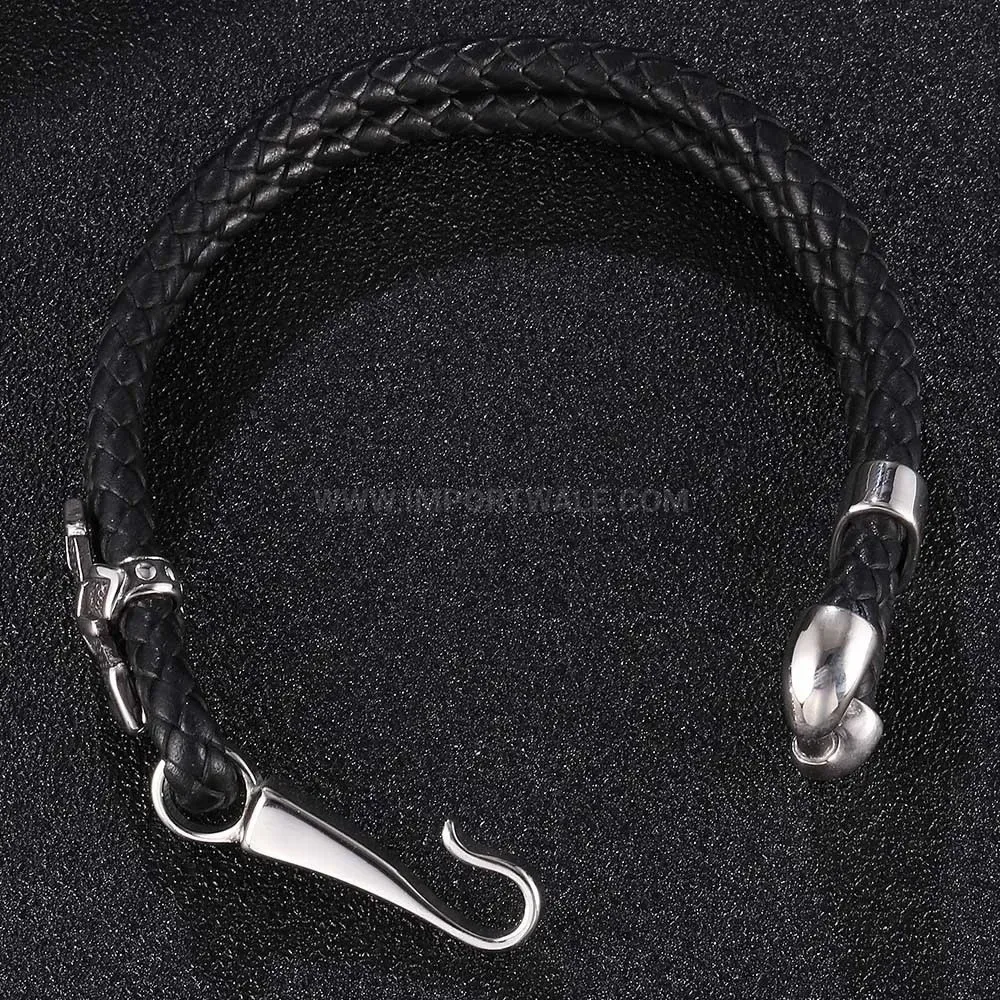 Nautical Fish Hook Woven Leather Bracelet with Stainless Steel Hardware