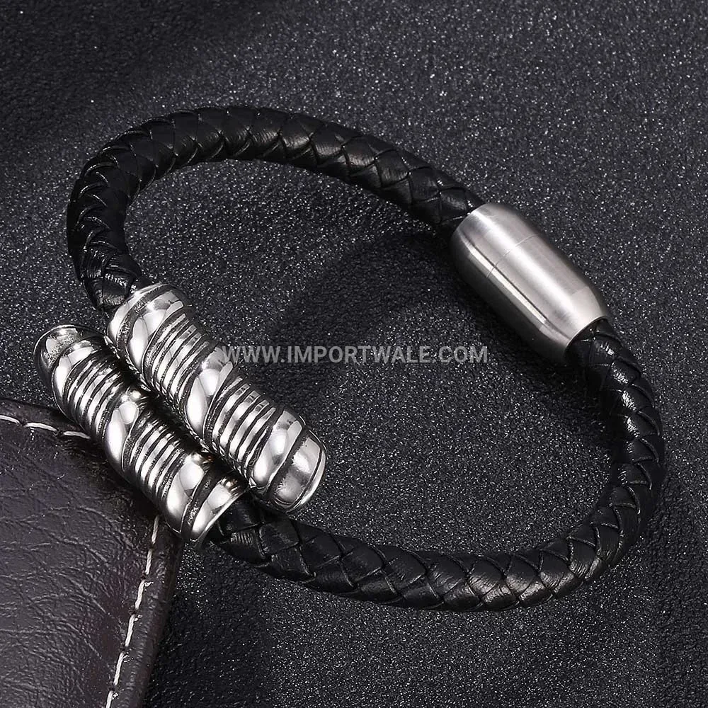 Retro Styled Leather Bracelet featuring Stainless Steel Magnetic Hardware