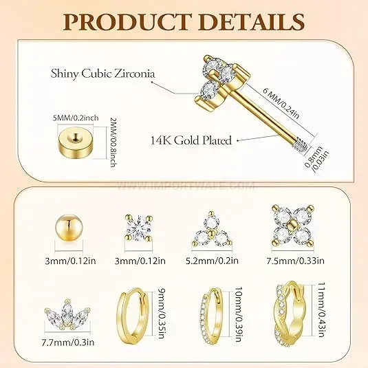 Bold French Floral Rhinestone Stainless Steel Piercing Stud Set