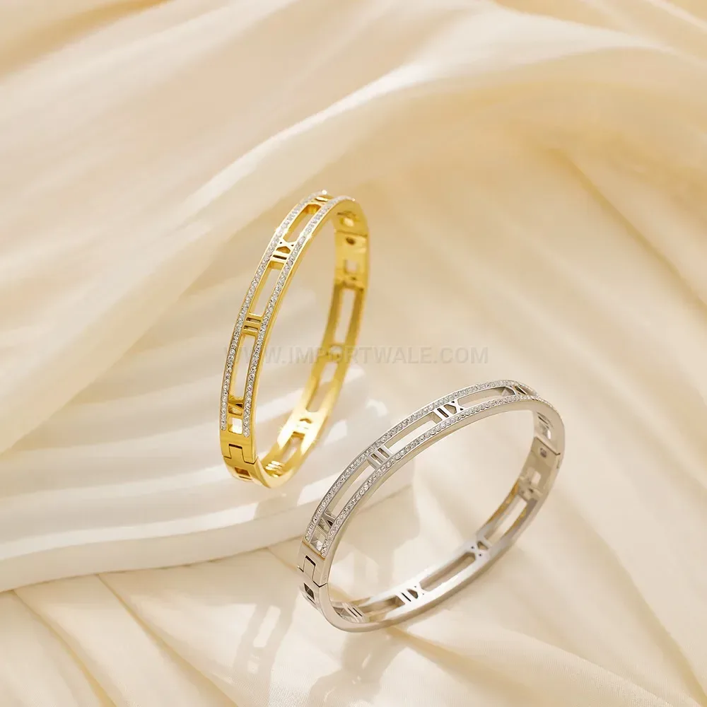 Engraved Roman Numeral 18K Gold Plated Stainless Steel Bangle